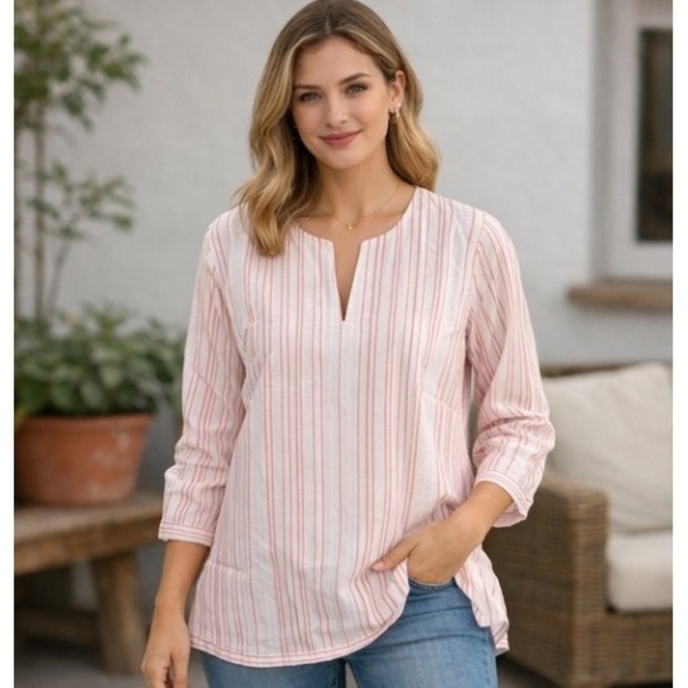 UNTUCKit Durfort Red White Striped Cotton Tunic Top Split V-Neck Size‎ 8